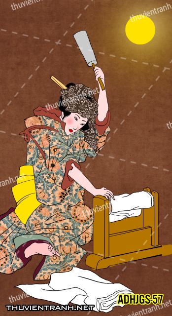 Tranh dán tường Cô gái  Nhật Bản mặc kimono, tranh minh họa cô gái Nhật Bản xưa -ADHJGS-57 - Tranh tường chất lượng cao